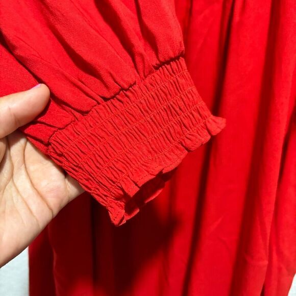 La Linge Square Neck Smocked Side Slit Fit & Flare Dress Red 2X Ballon Sleeve - Picture 8 of 11